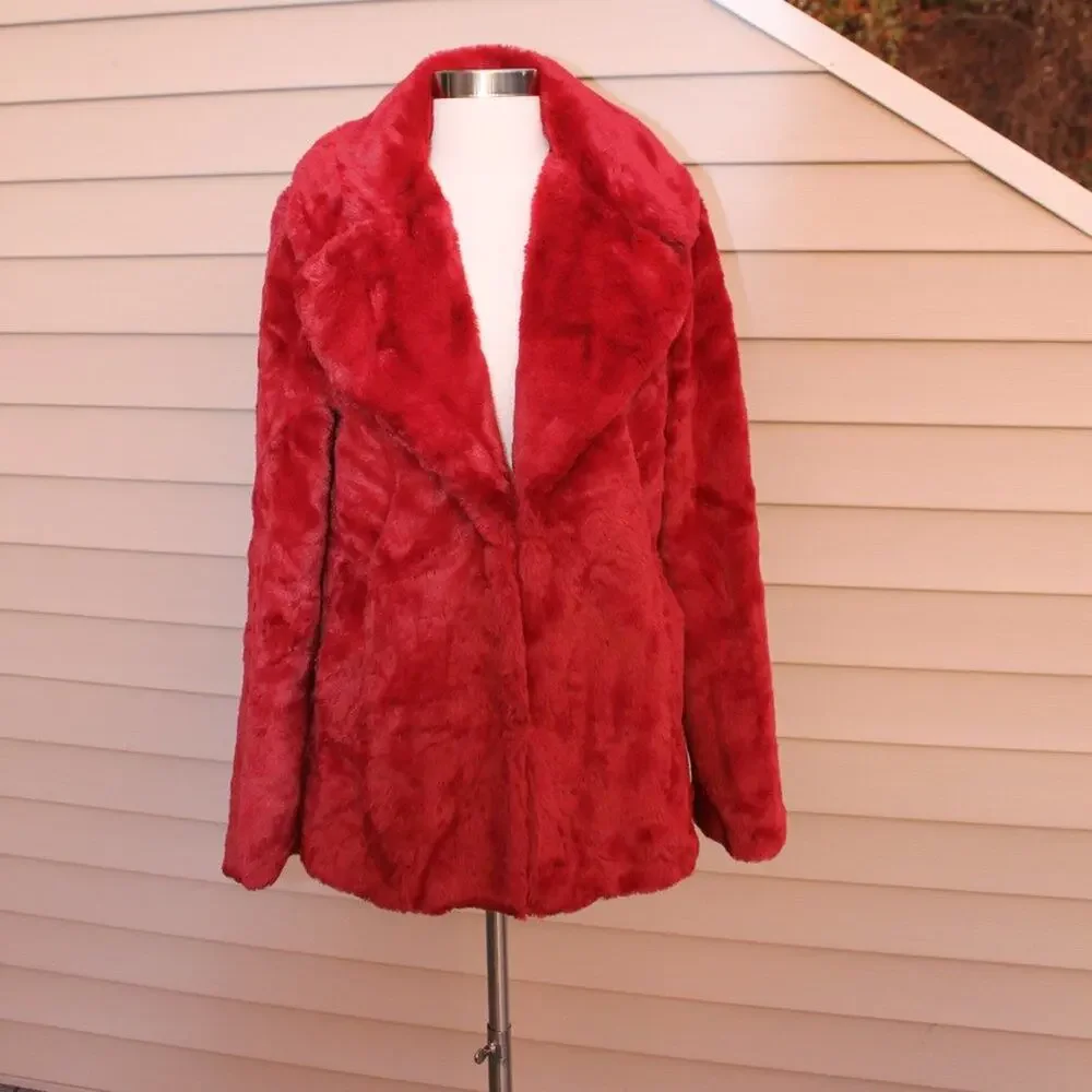 Rachel Zoe Women's Red Faux Fur Teddy Coat Ultra Soft Shawl Collar Size Medium - Picture 5 of 10